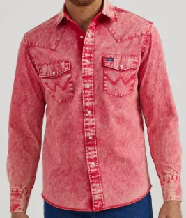 112345805- Wrangler® Vintage Inspired Long Sleeve Denim Shirt - Red