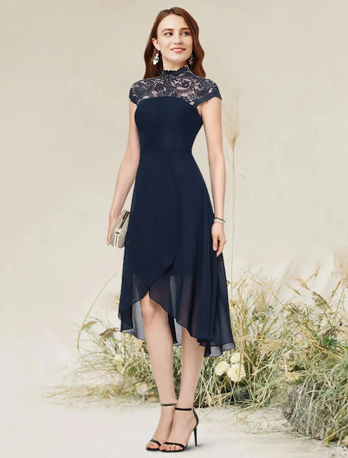 A-Line Cocktail Dresses Homecoming Asymmetrical Sleeveless Neck Chiffon with Lace