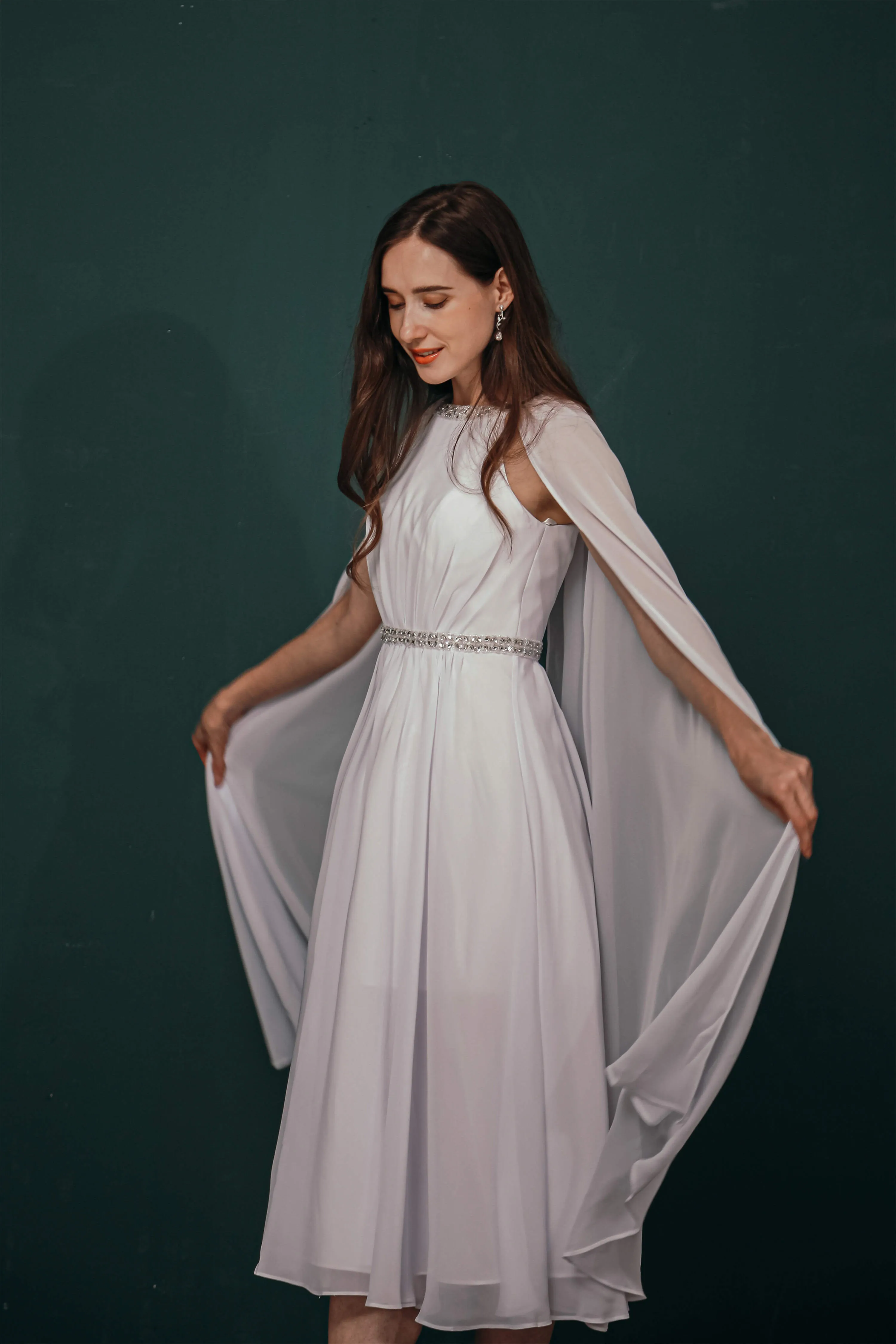 A-Line Crew Tea Length Chiffon Beaded Waist Mother of The Bride Dresses