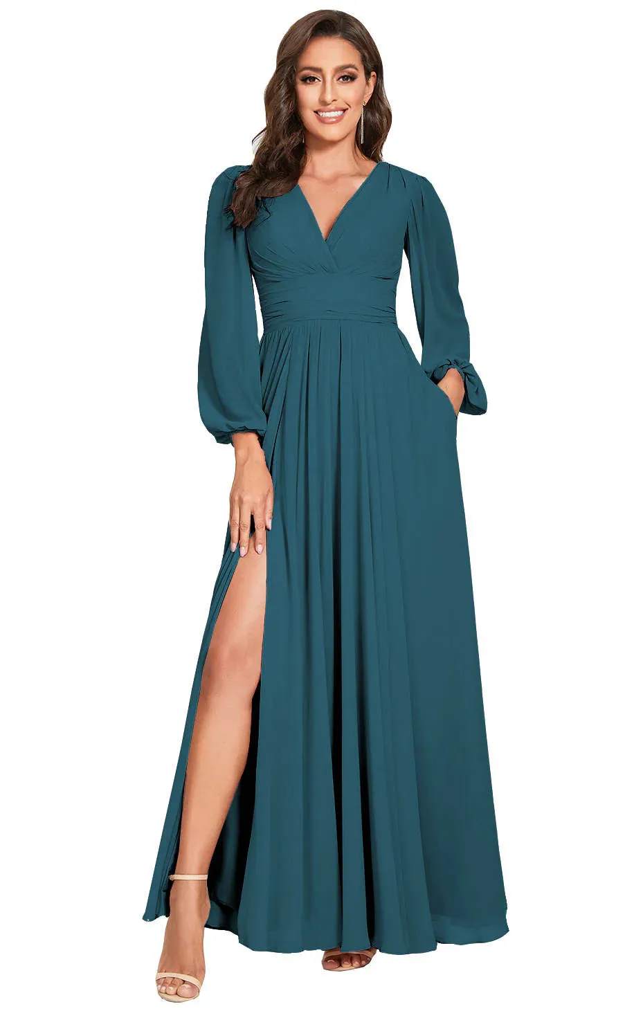 A-Line Plunging Neck Long Sleeves Chiffon Bridesmaid Dresses With Slit