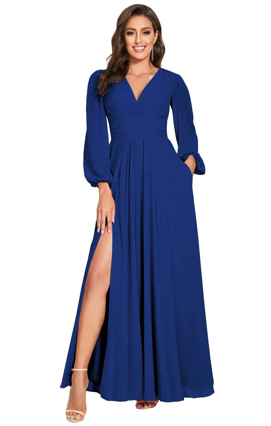 A-Line Plunging Neck Long Sleeves Chiffon Bridesmaid Dresses With Slit