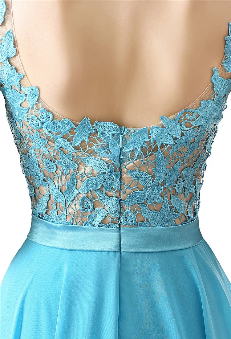 A-line Sleeves Chiffon Lace Backless Long Prom Dresses