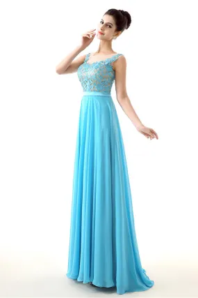 A-line Sleeves Chiffon Lace Backless Long Prom Dresses