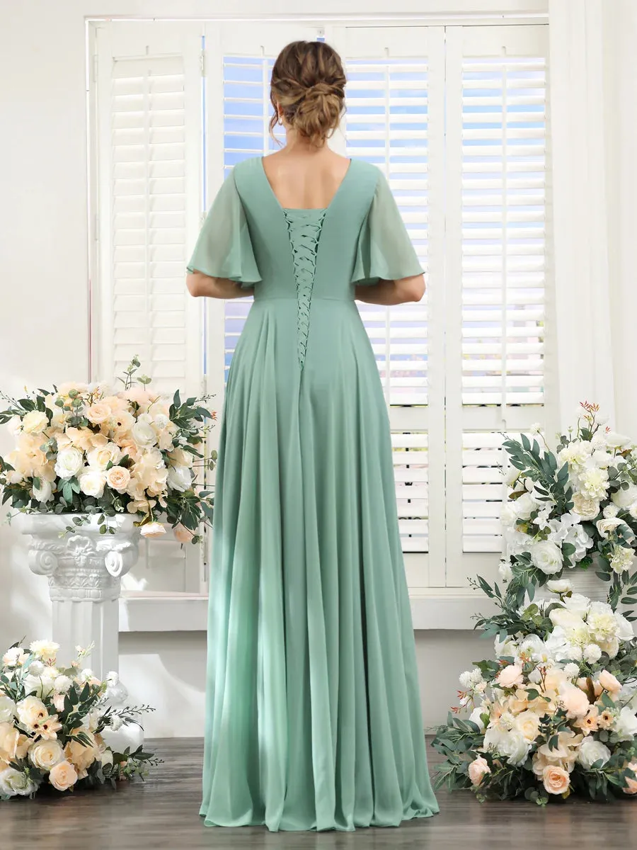 A-Line V-Neck Half Sleeves Split Side Chiffon Bridesmaid Dresses With Pockets