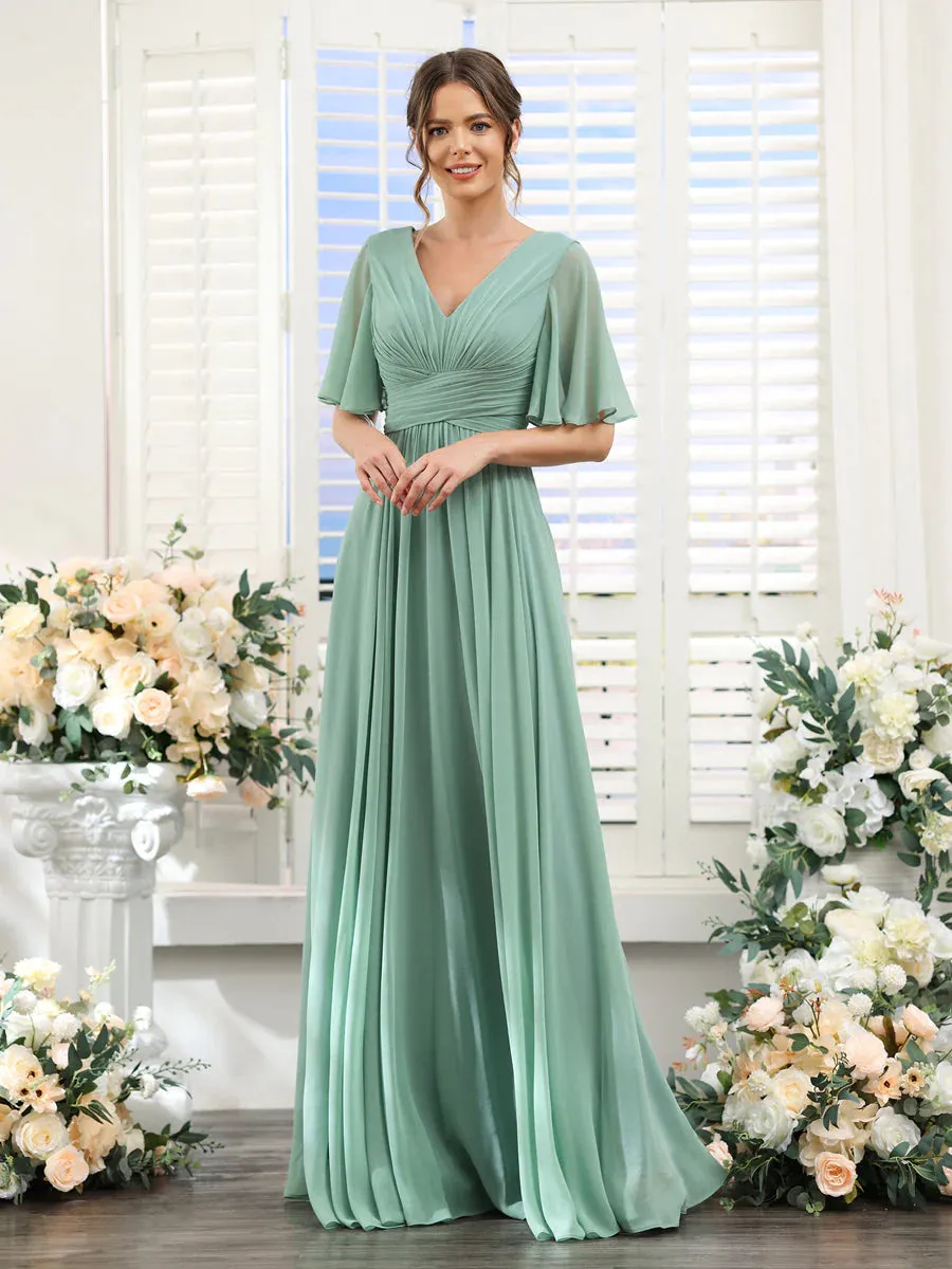 A-Line V-Neck Half Sleeves Split Side Chiffon Bridesmaid Dresses With Pockets