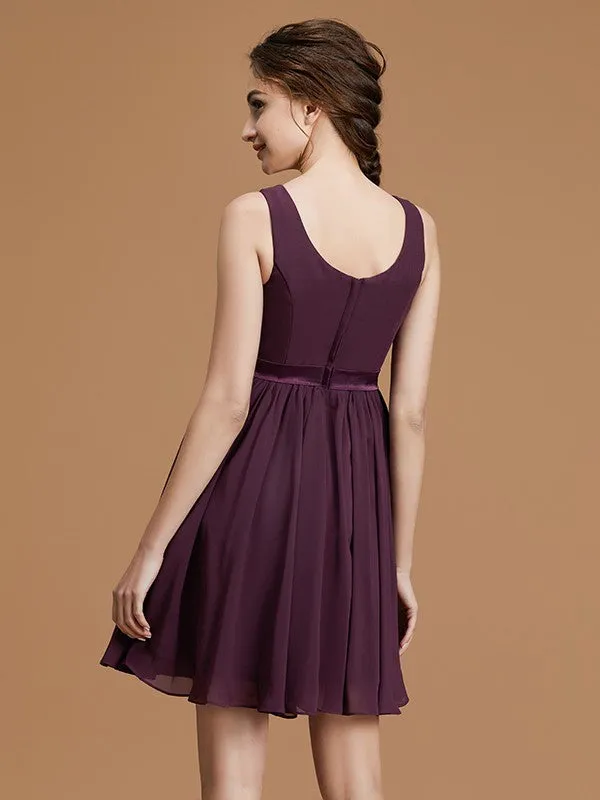 A-Line/Princess Bateau Sleeveless Short/Mini Sash/Ribbon/Belt Chiffon Bridesmaid Dresses