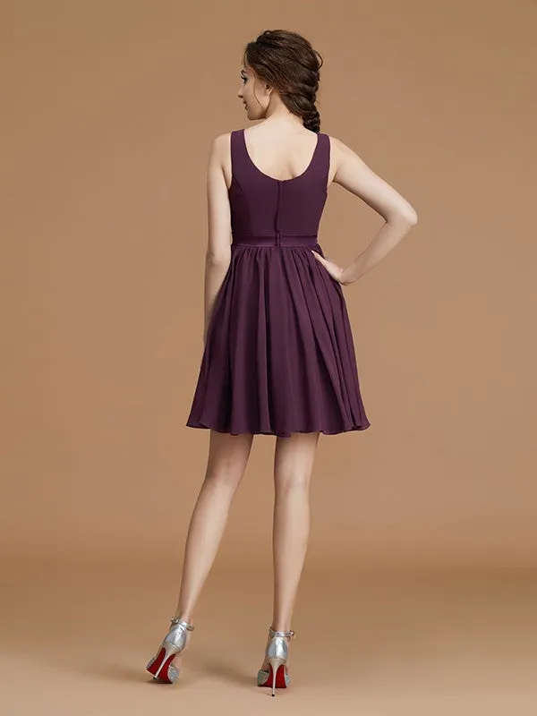 A-Line/Princess Bateau Sleeveless Short/Mini Sash/Ribbon/Belt Chiffon Bridesmaid Dresses