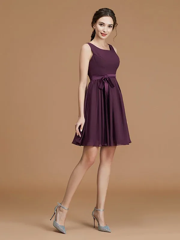 A-Line/Princess Bateau Sleeveless Short/Mini Sash/Ribbon/Belt Chiffon Bridesmaid Dresses