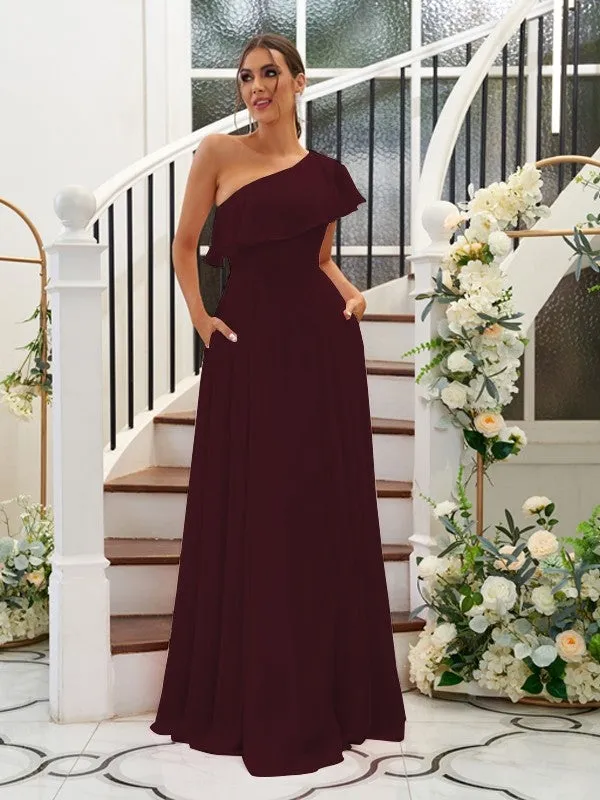 A-Line/Princess Chiffon Ruffles One-Shoulder Sleeveless Floor-Length Bridesmaid Dresses