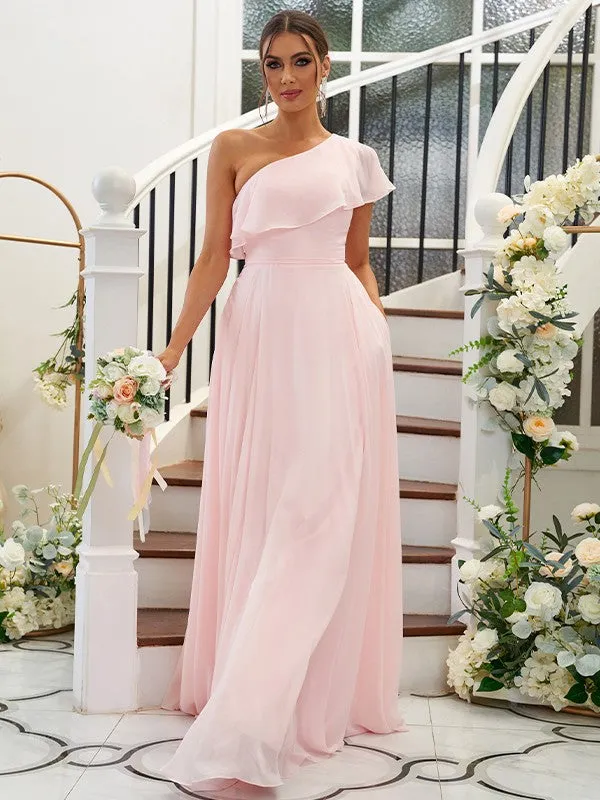 A-Line/Princess Chiffon Ruffles One-Shoulder Sleeveless Floor-Length Bridesmaid Dresses