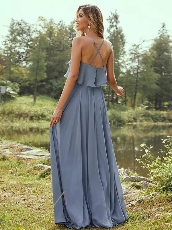 A-Line/Princess Chiffon Ruffles Spaghetti Straps Sleeveless Floor-Length Bridesmaid Dresses