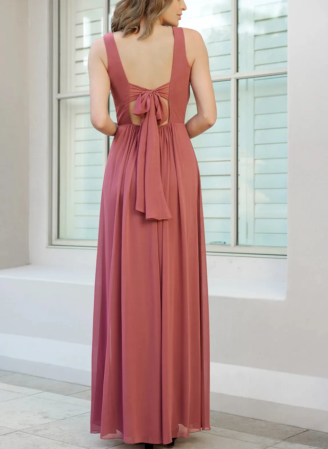 A-Line/Princess Deep V-Neck Chiffon Floor-length Long Bridesmaid Dresses