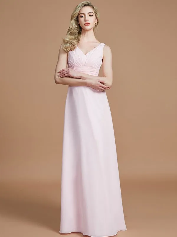 A-Line/Princess Sleeveless Floor-Length Chiffon V-neck Bridesmaid Dresses