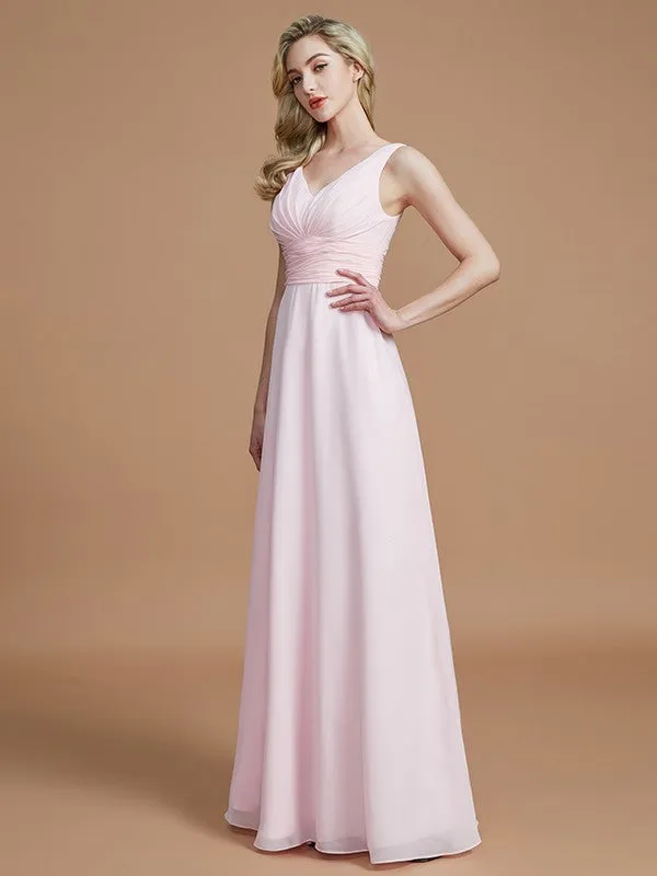 A-Line/Princess Sleeveless Floor-Length Chiffon V-neck Bridesmaid Dresses