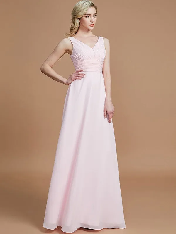 A-Line/Princess Sleeveless Floor-Length Chiffon V-neck Bridesmaid Dresses