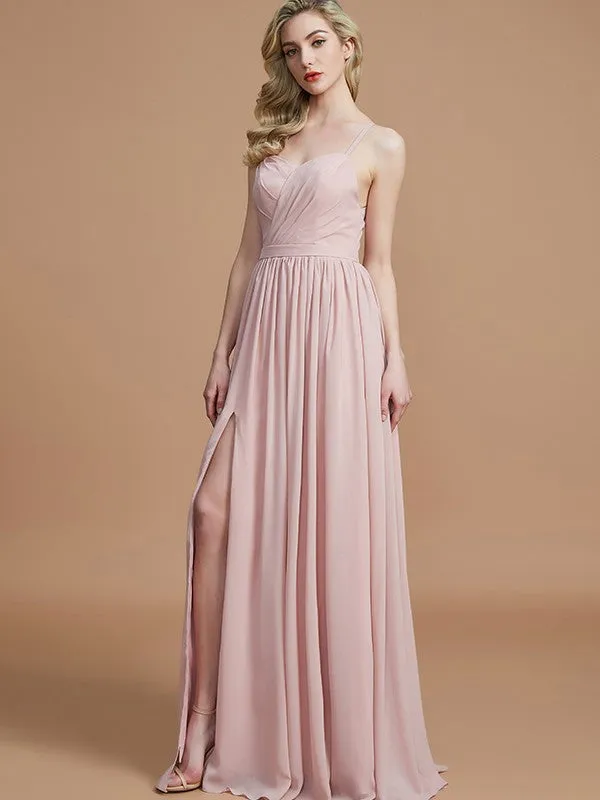 A-Line/Princess Spaghetti Straps Sleeveless Ruched Floor-Length Chiffon Bridesmaid Dresses