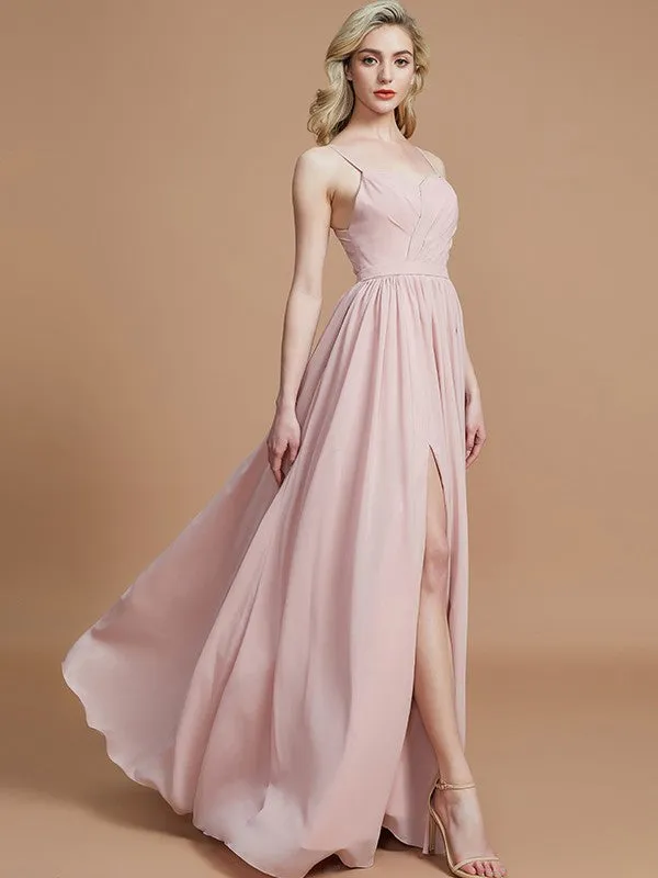 A-Line/Princess Spaghetti Straps Sleeveless Ruched Floor-Length Chiffon Bridesmaid Dresses