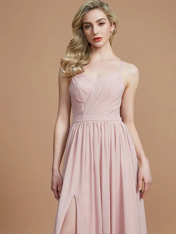 A-Line/Princess Spaghetti Straps Sleeveless Ruched Floor-Length Chiffon Bridesmaid Dresses