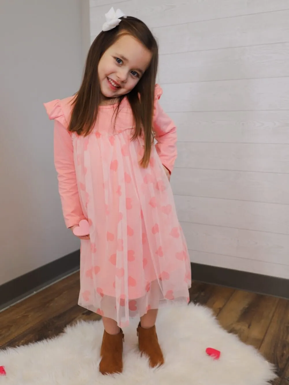 Baby Pink Hearts Tulle Chiffon Ruffle Girls Dress