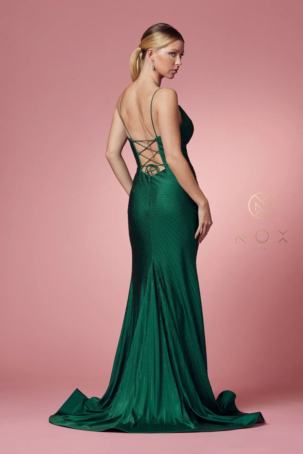 Beaded Lace-Up Back Mermaid Gown by Nox Anabel E1038