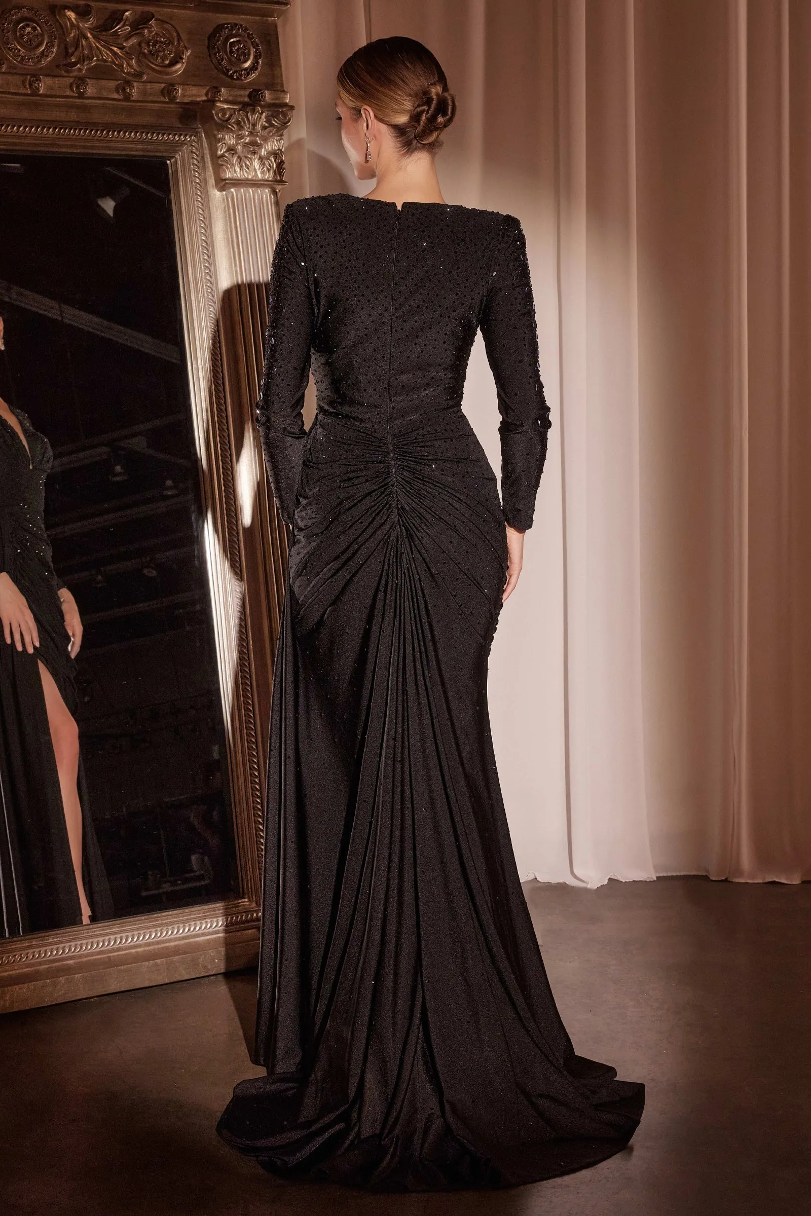 Beaded Satin Long Sleeve Slit Gown by Ladivine CD788