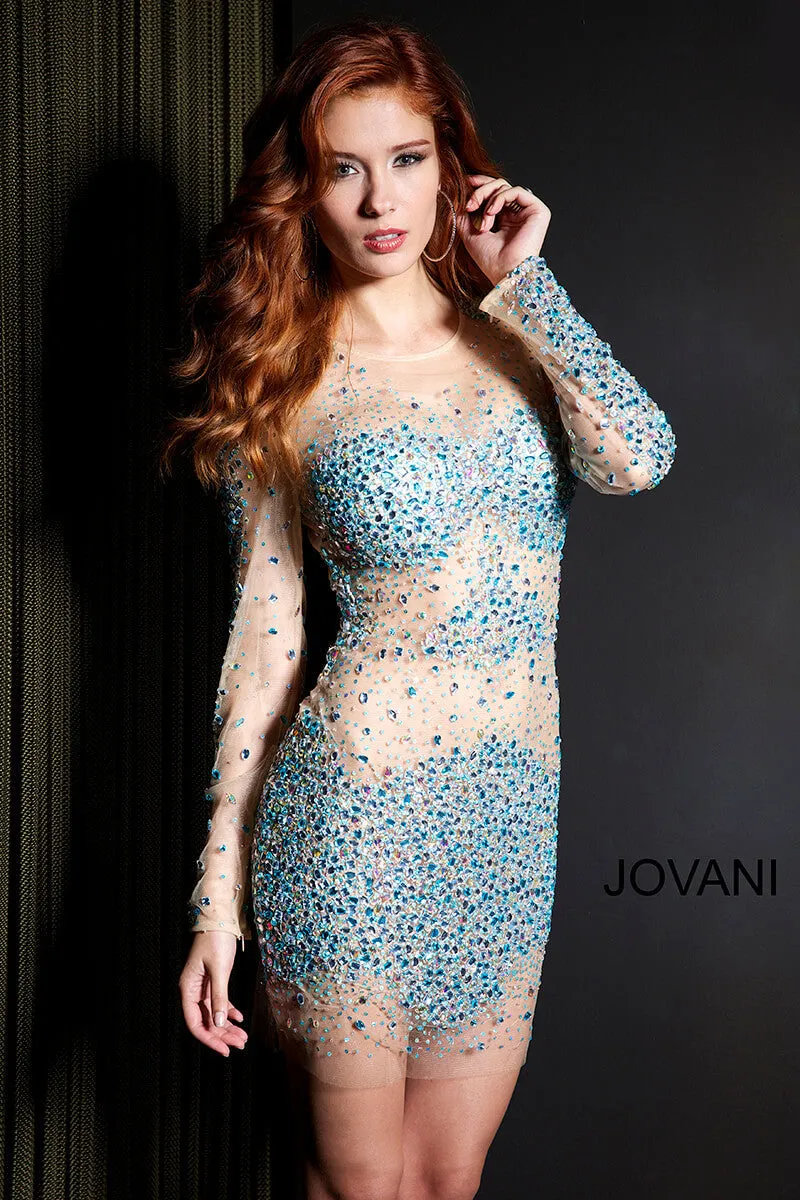 Beaded Sheer Long Sleeve Cocktail Dress by Jovani 7757