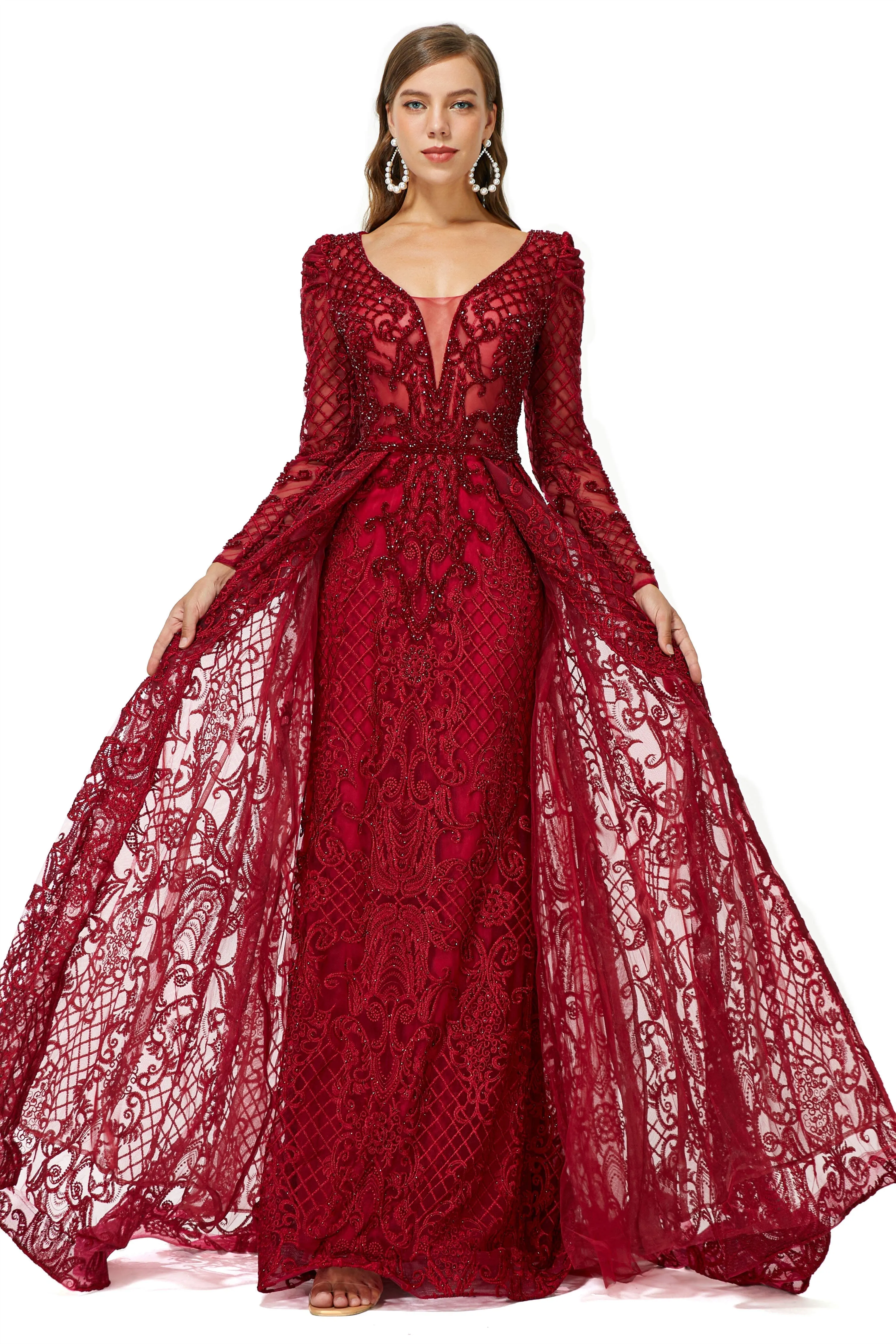 Beaded Wine Red Long V neck Sleeves Prom Dresses