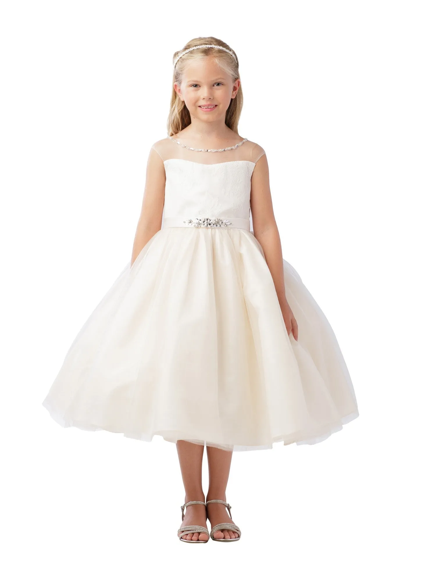 Big Girls Champagne Illusion Beaded Lace Belted Junior Bridesmaid Dress 8-12