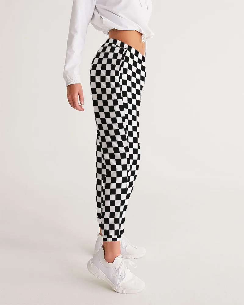 Black White Checkered Women's Track Pants, Racing Check Straight Leg with Zip Pockets Quick Dry Festival Elastic Waist Windbreaker Tracksuit