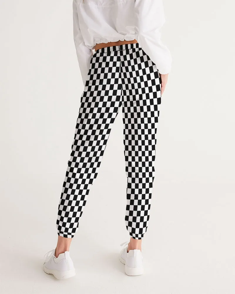 Black White Checkered Women's Track Pants, Racing Check Straight Leg with Zip Pockets Quick Dry Festival Elastic Waist Windbreaker Tracksuit