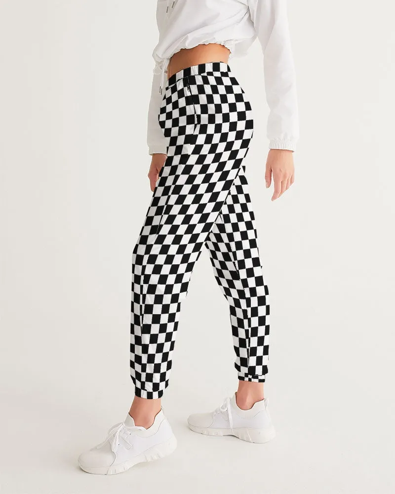 Black White Checkered Women's Track Pants, Racing Check Straight Leg with Zip Pockets Quick Dry Festival Elastic Waist Windbreaker Tracksuit