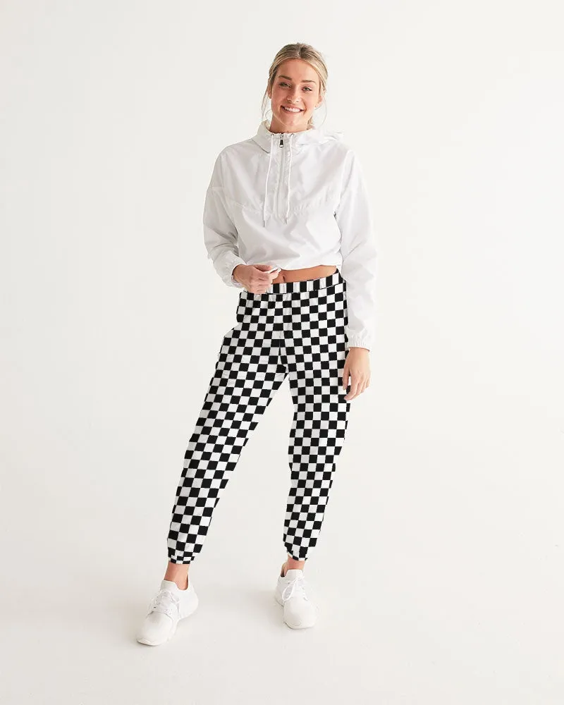 Black White Checkered Women's Track Pants, Racing Check Straight Leg with Zip Pockets Quick Dry Festival Elastic Waist Windbreaker Tracksuit