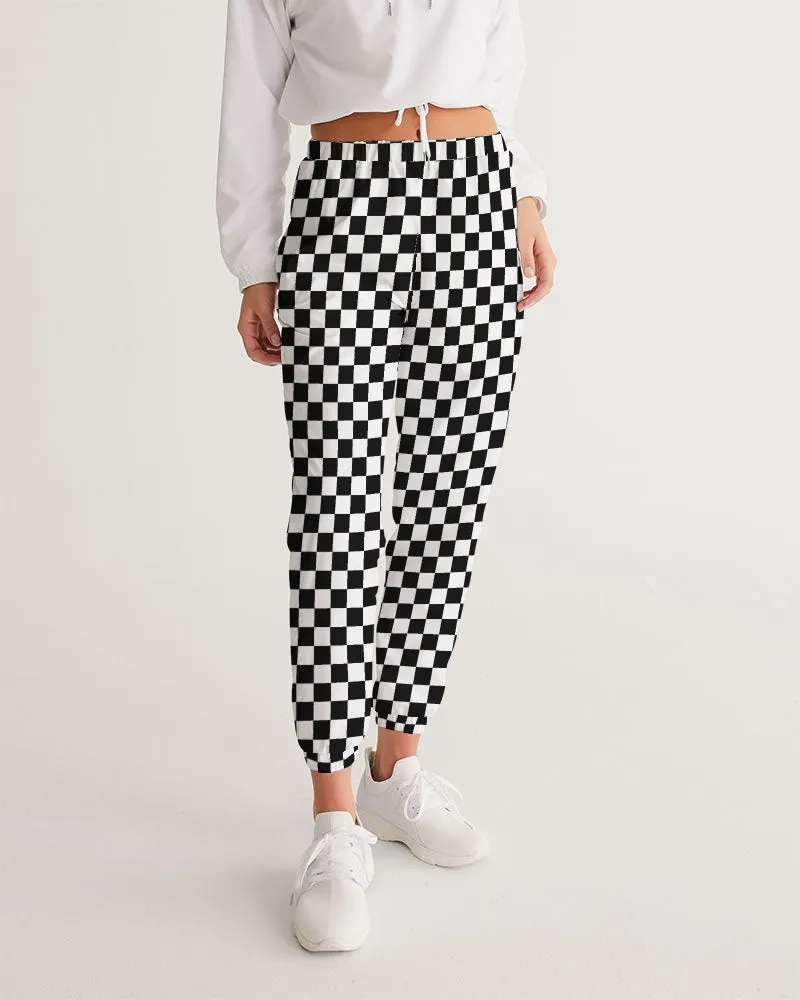 Black White Checkered Women's Track Pants, Racing Check Straight Leg with Zip Pockets Quick Dry Festival Elastic Waist Windbreaker Tracksuit