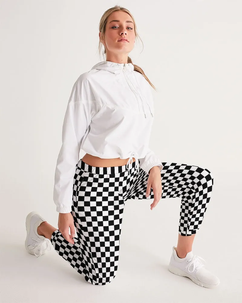 Black White Checkered Women's Track Pants, Racing Check Straight Leg with Zip Pockets Quick Dry Festival Elastic Waist Windbreaker Tracksuit