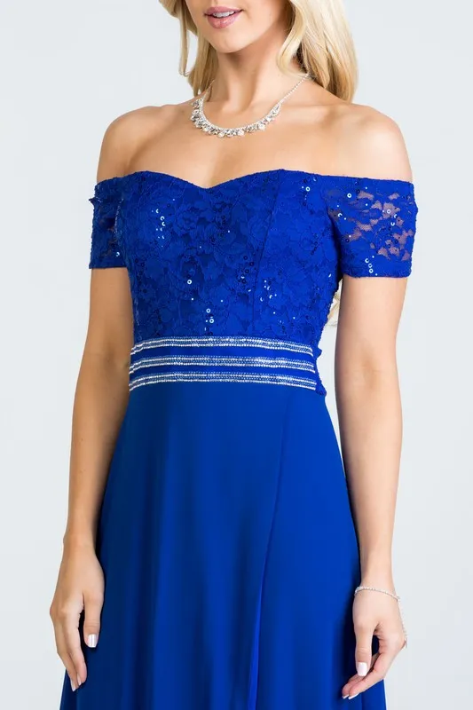 Blue Off Shoulder Waist Embellished Open Side Gown