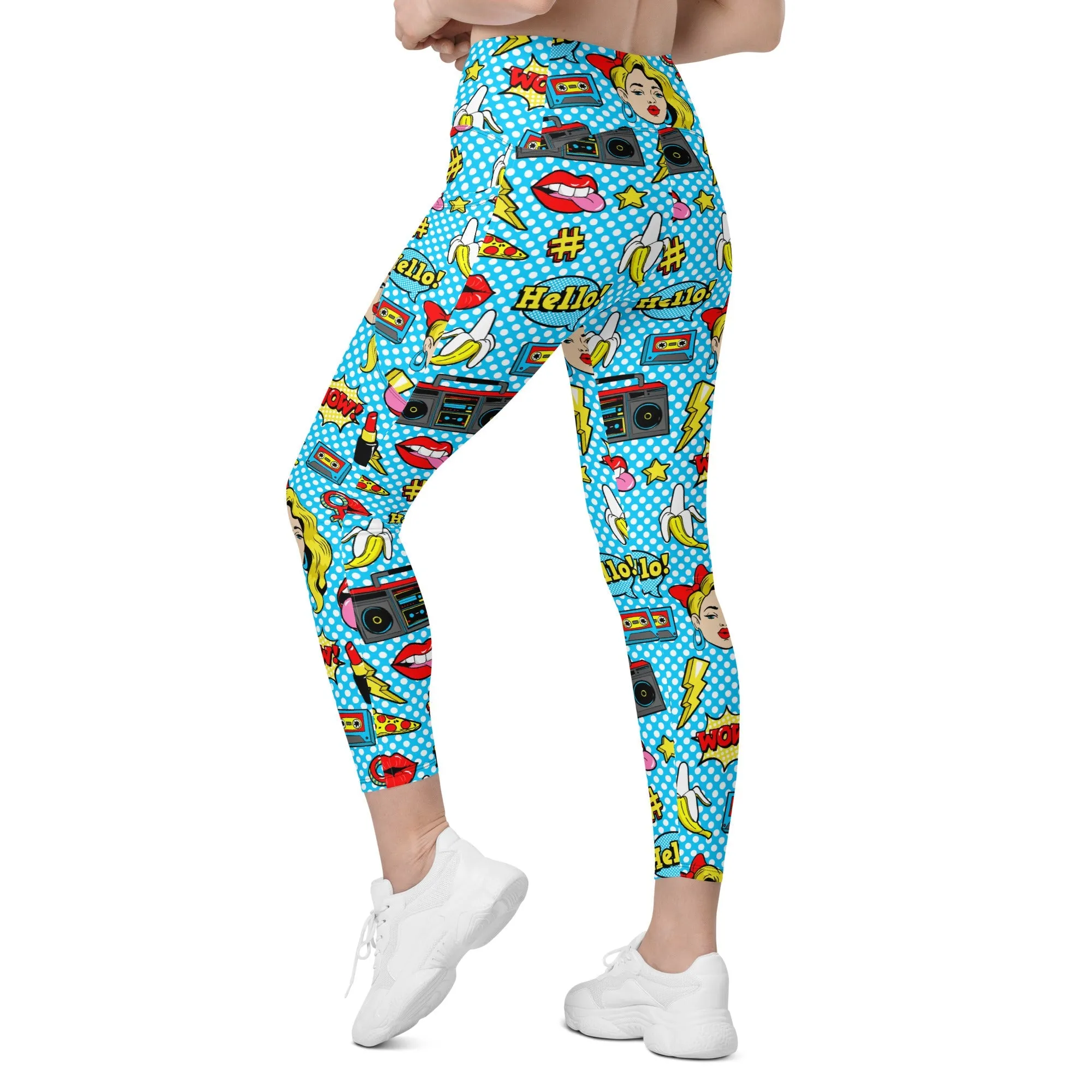 Blue Pop Art Pattern Leggings With Pockets