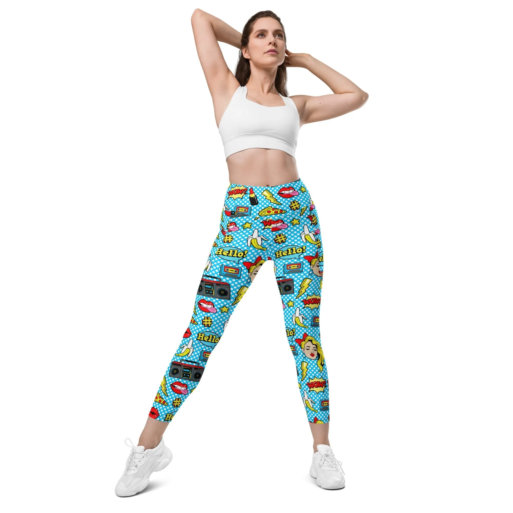 Blue Pop Art Pattern Leggings With Pockets