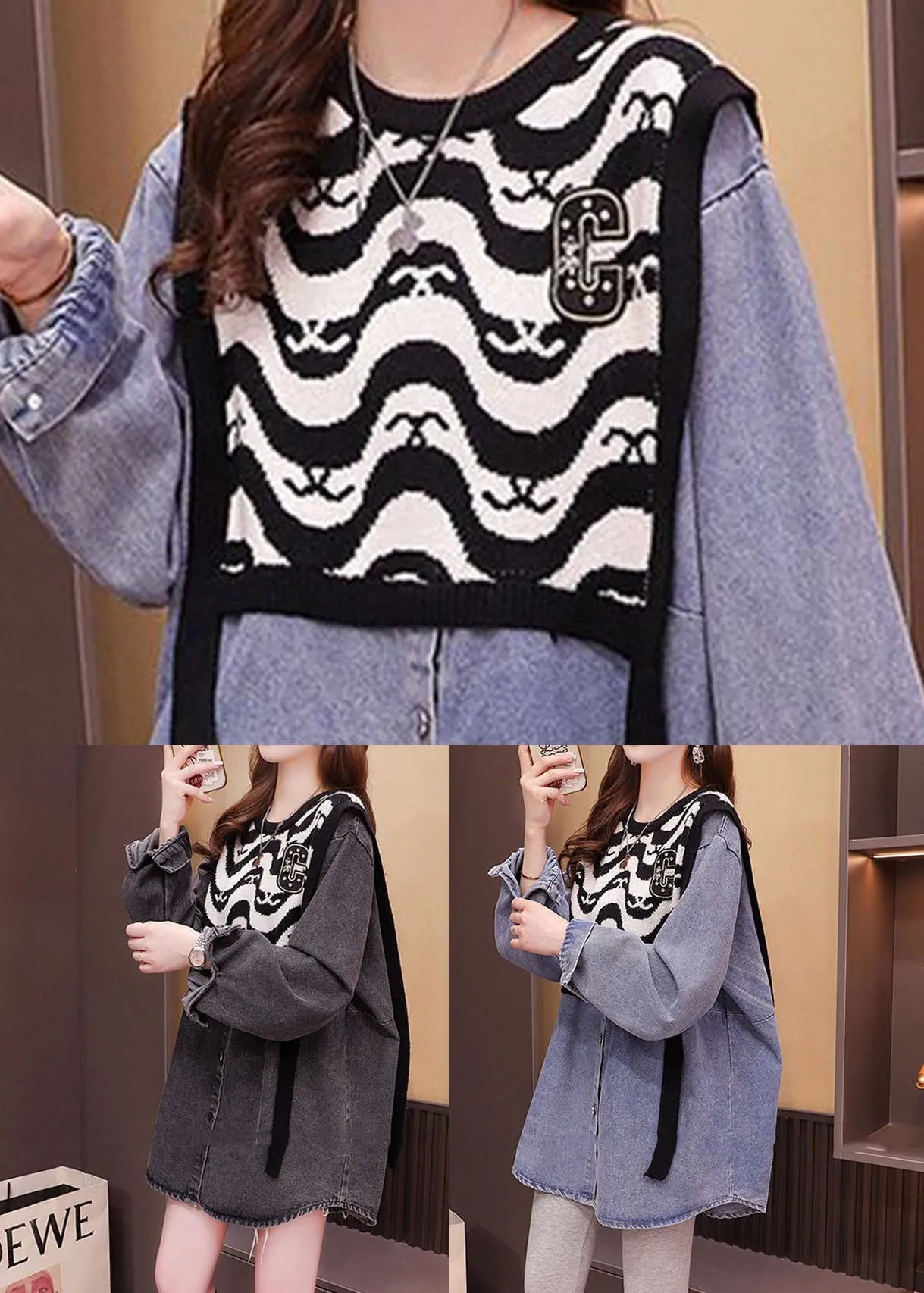 Boutique Black O-Neck Oversized Knit Patchwork Cotton Denim Shirts