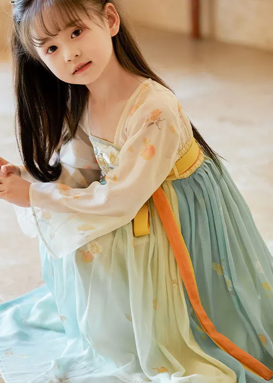 Boutique Gradient Color Embroideried Wrinkled Chiffon Kids Girls Long Dresses Summer LY6467