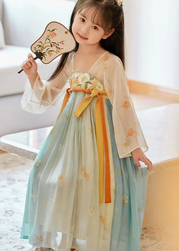 Boutique Gradient Color Embroideried Wrinkled Chiffon Kids Girls Long Dresses Summer LY6467