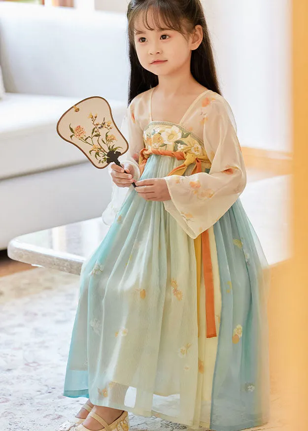 Boutique Gradient Color Embroideried Wrinkled Chiffon Kids Girls Long Dresses Summer LY6467