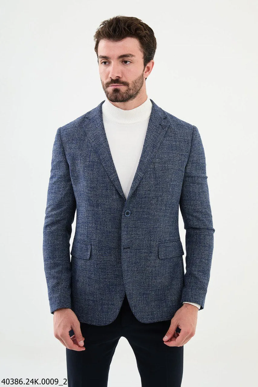 Brabion James Navy Blue Slim Fit Patterned Blazer