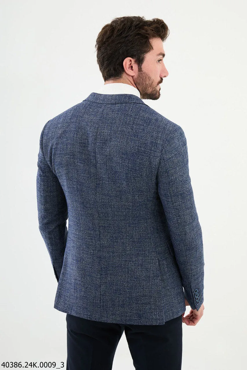 Brabion James Navy Blue Slim Fit Patterned Blazer