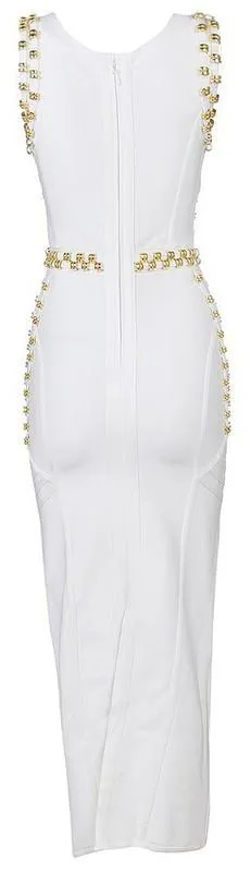 'Bradshaw' Gold Beaded Long Dress - White