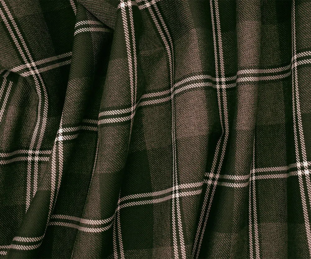 Brown-Black-White Wool Poly Plaid Woven Twill Suiting Fabric