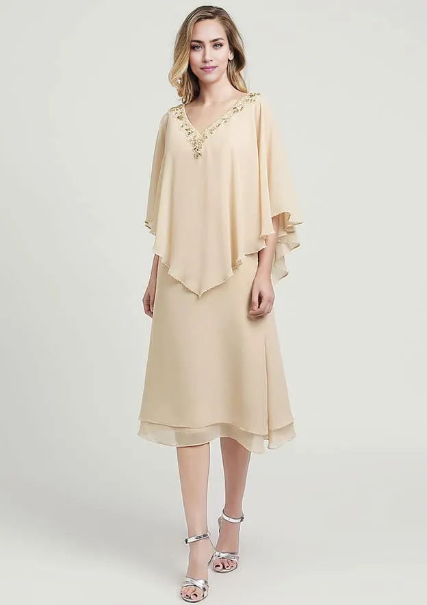 Chiffon Mother of the Bride Dresses A-line Tea-Length With Beading