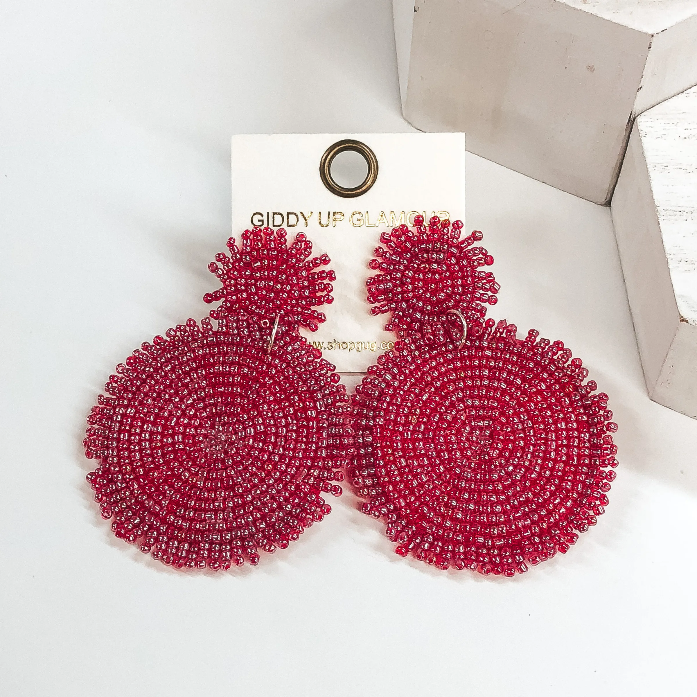 Circle Drop Two Tiered Beaded Earrings in Candy Red