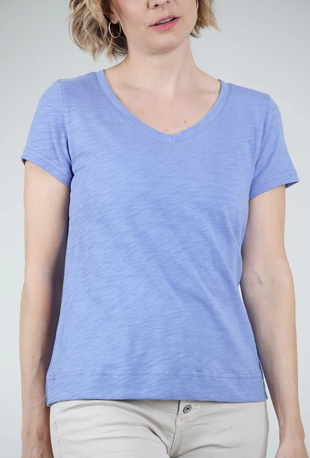 Cotton Slub V-Neck Tee, Baja Blue