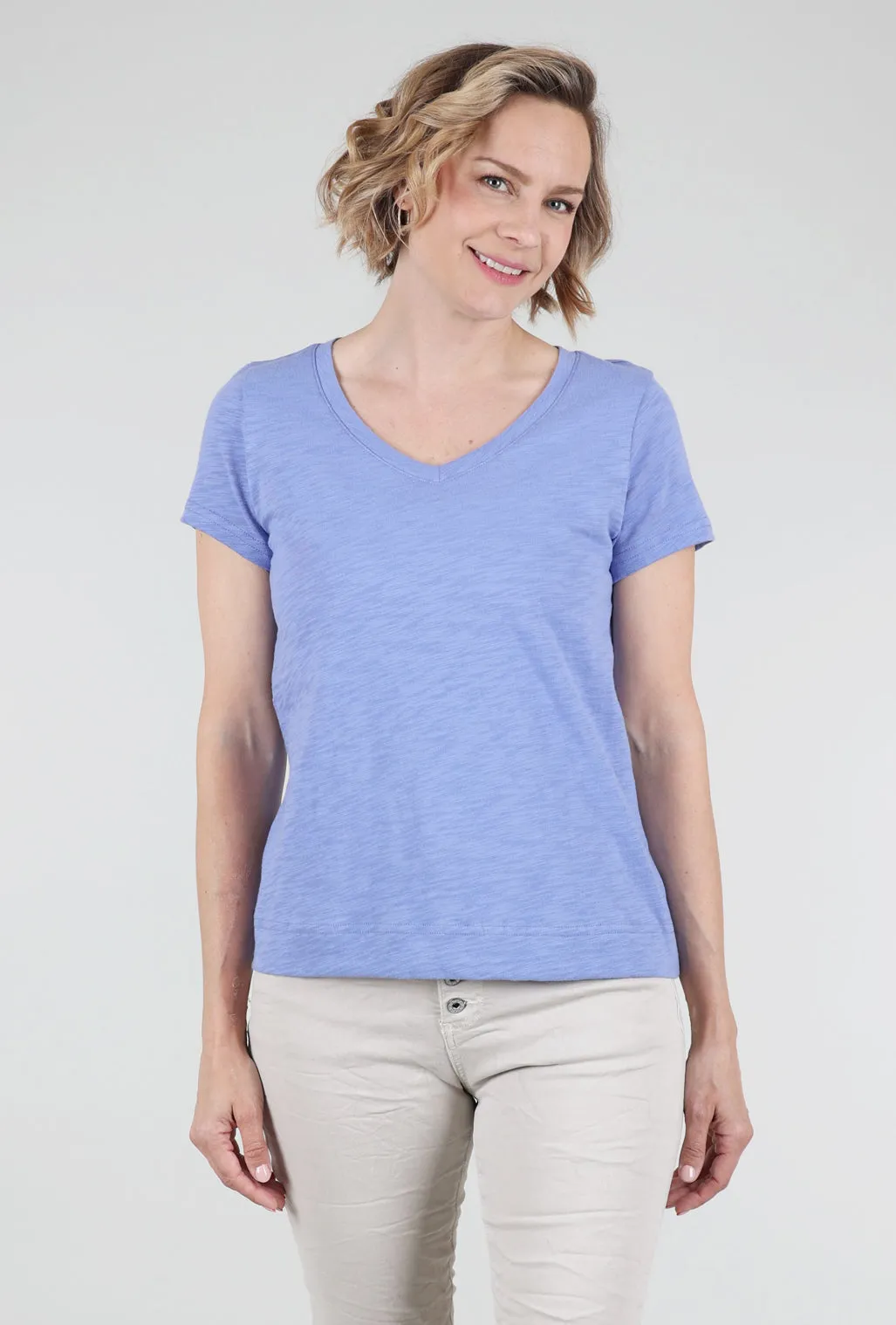 Cotton Slub V-Neck Tee, Baja Blue