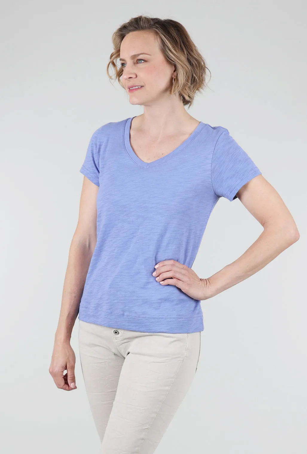 Cotton Slub V-Neck Tee, Baja Blue